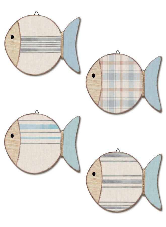 Putuo Decor 4 Pcs Rustic Plaid Pattern Wooden Fish Wall Hanging Decor Ocean Nautical Beach Wall Sculpture for Bathroom Bedroom Lake House - Image 1